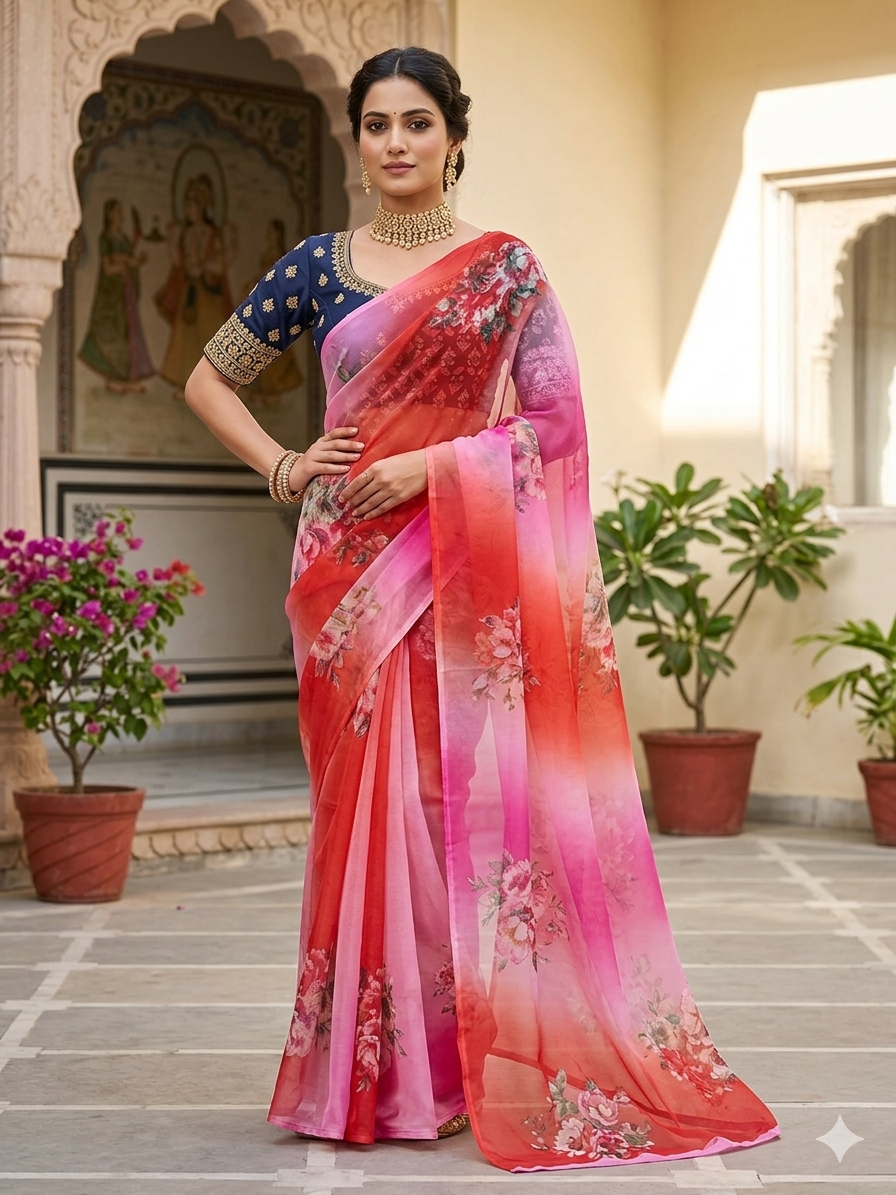 Ombre Floral Organza Saree