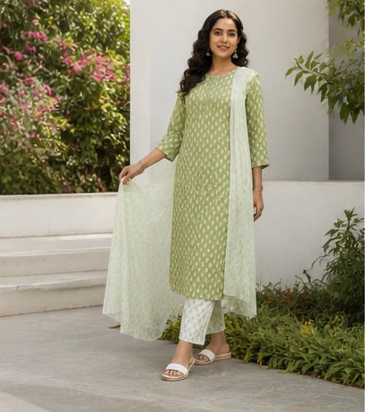 Pastel Green Ikat Printed Kurta Set with Dupatta