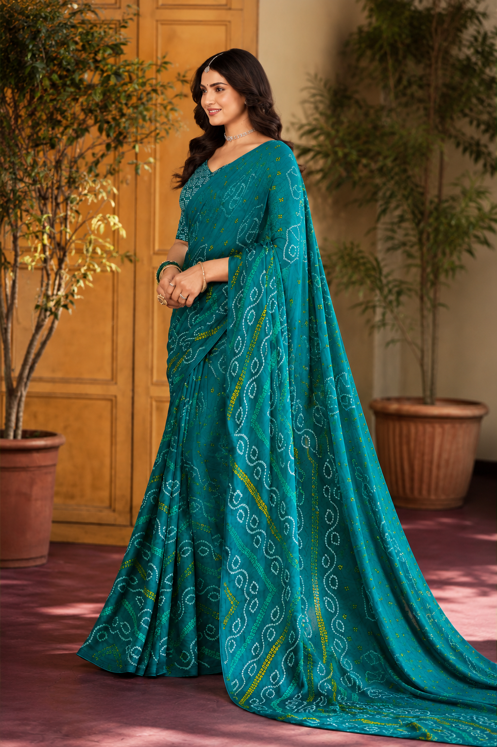 Teal Bandhani-Inspired Printed Saree