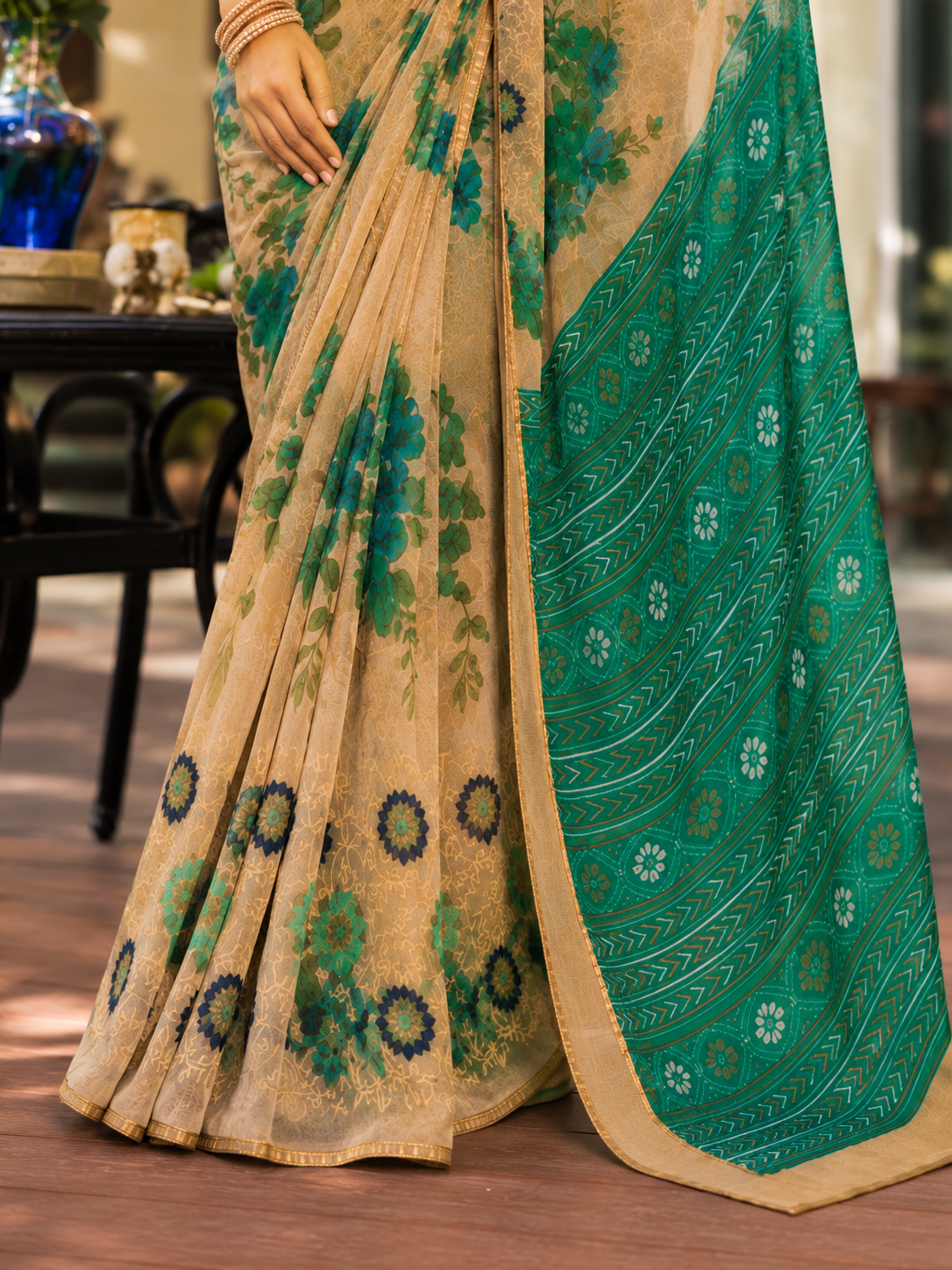 Teal Garden Printed Saree