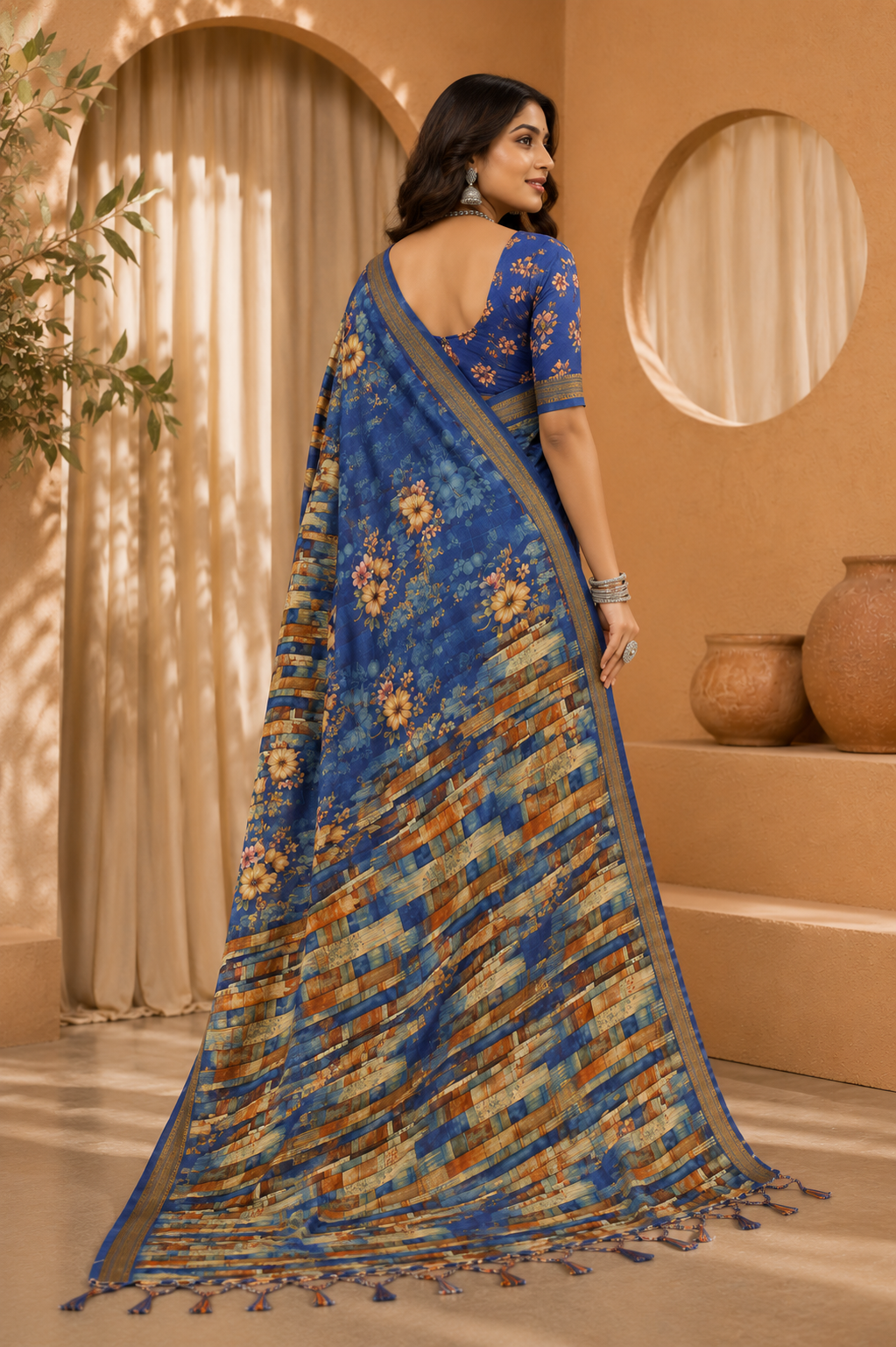 Royal Azure Floral Printed Linen Saree