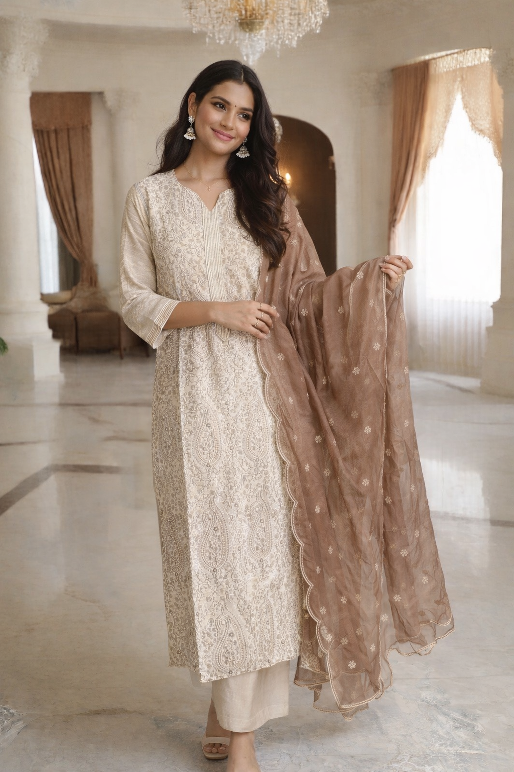 Champagne Beige Chikankari Kurta Set with Embroidered Dupatta