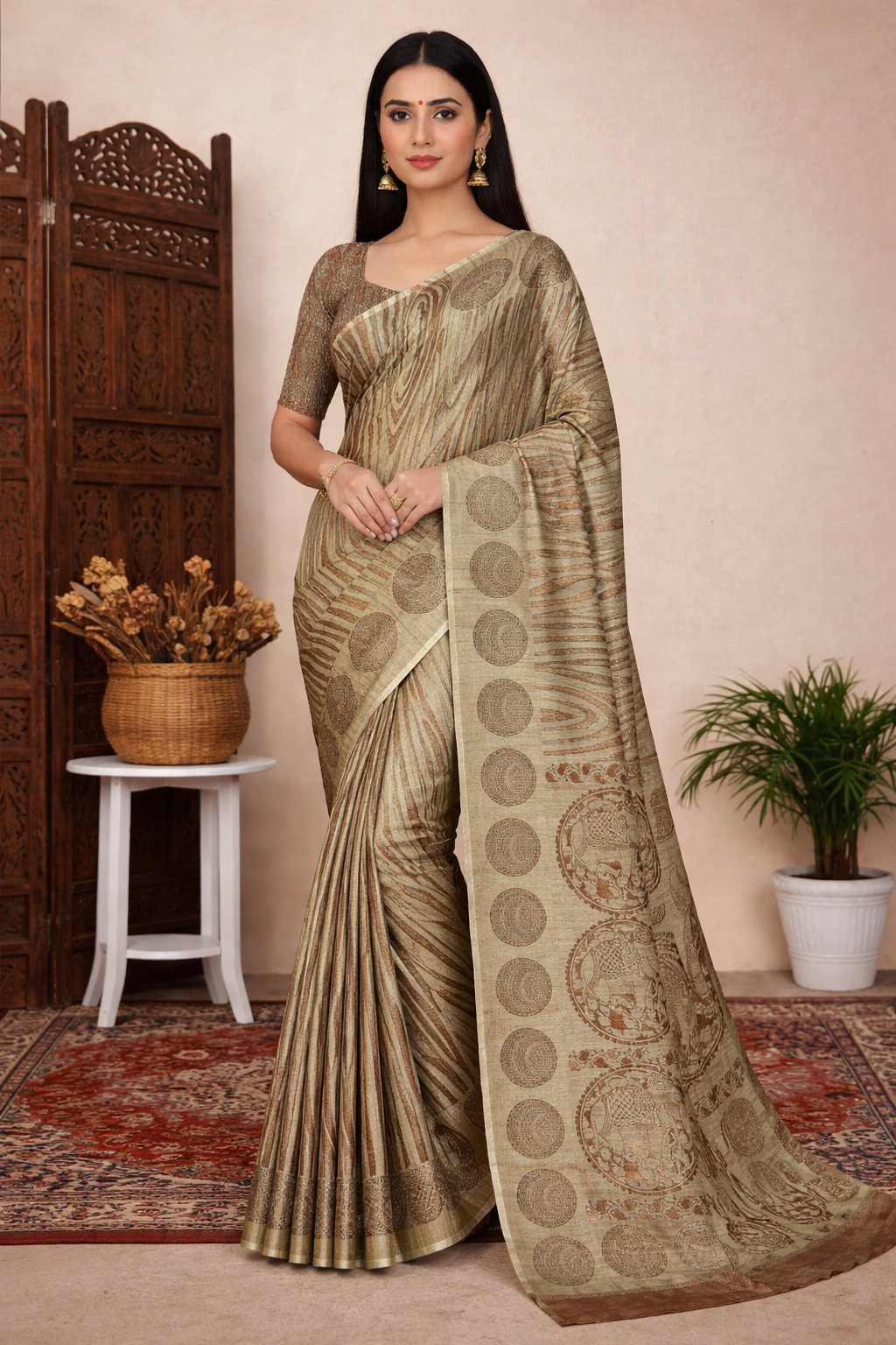 Beige & Brown Abstract Motif Linen Saree