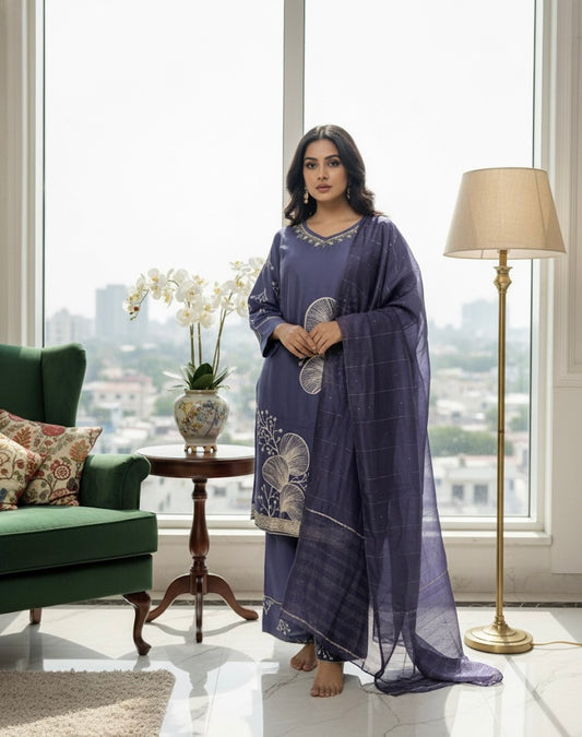 Dusty Navy Blue Embellished Kurta Set with Dupatta