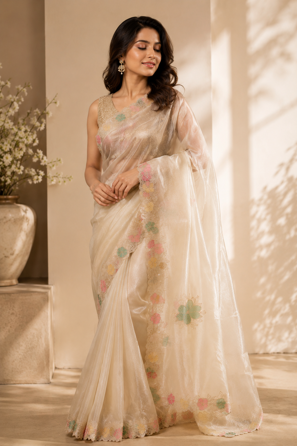 Ivory Pastel Bloom Saree
