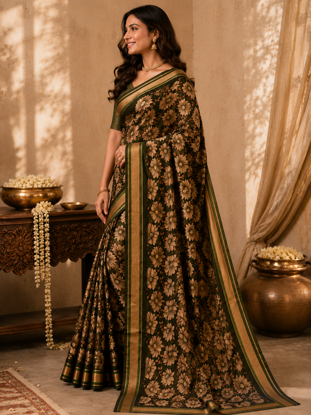 Floral Printed Zari Border Saree