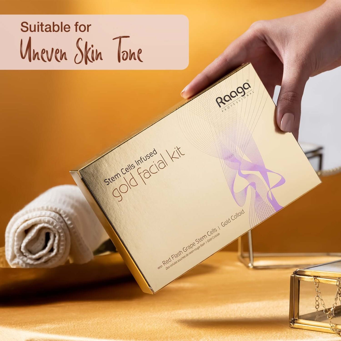 Raaga Stem Cells Infused Gold Facial Kit with 6 Steps | Gold Colloid, Red Flesh Grape Stem Cells | Reduces Pigmentation (61 gm)
