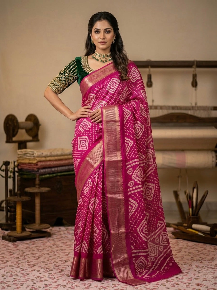 Bandhani Inspired Geometric Zari Saree