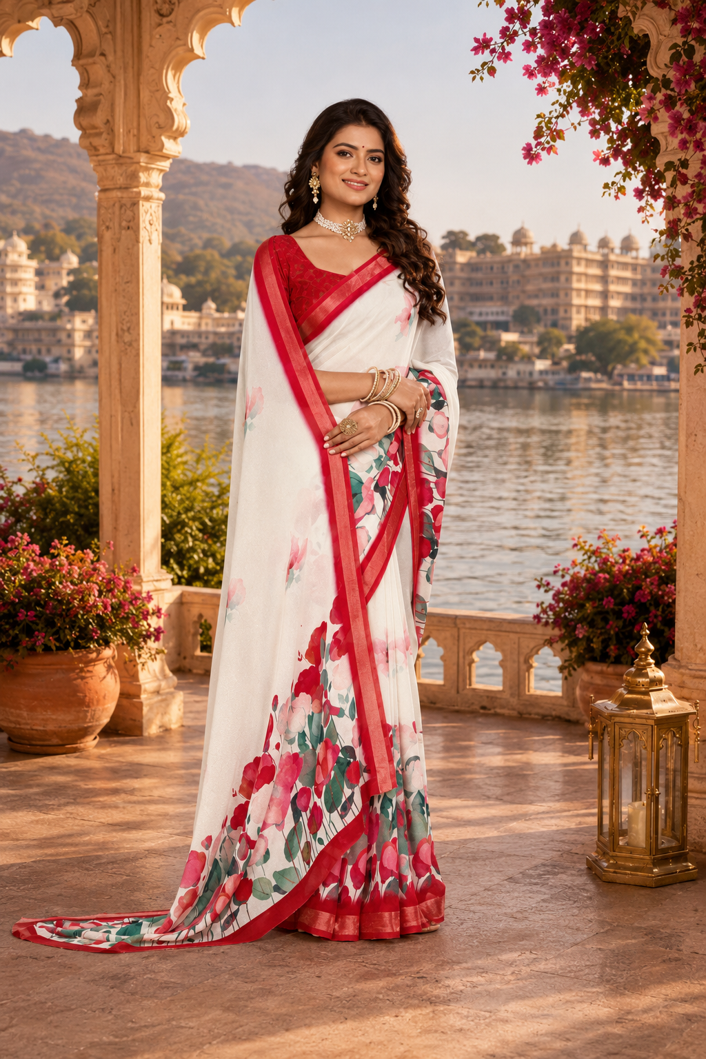 Ivory Scarlet Blossom Saree