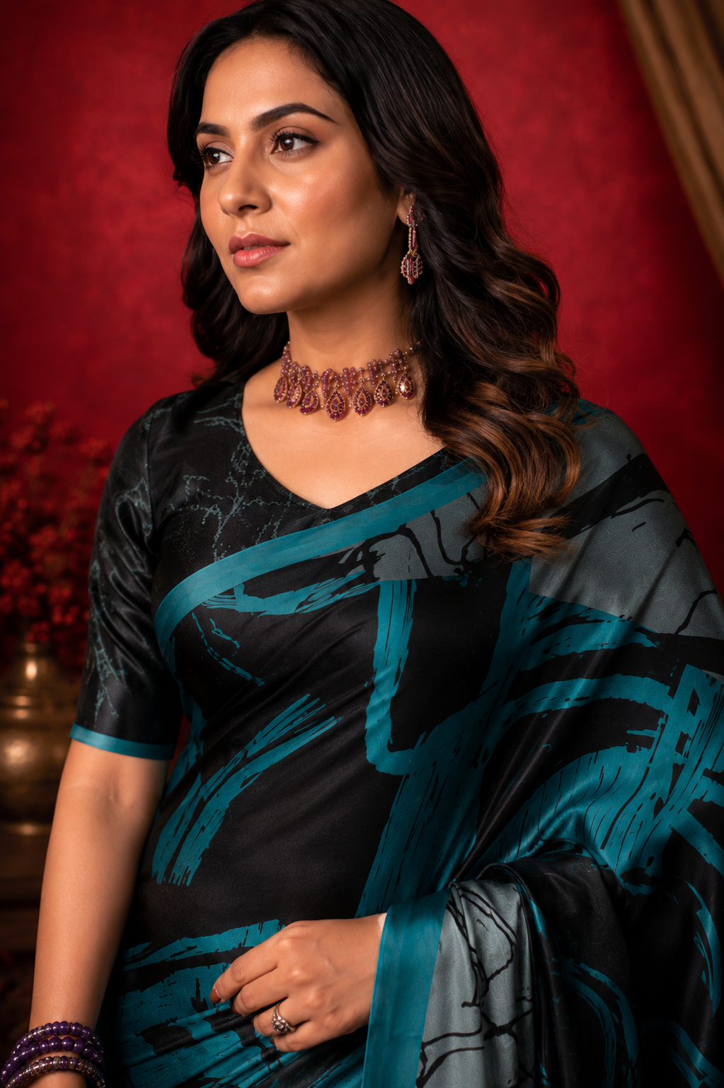 Midnight Mirage Satin Saree