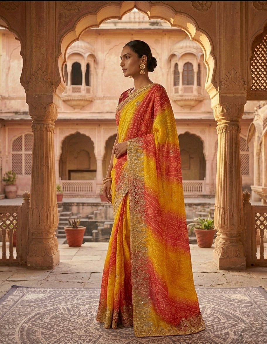 Sunrise Bloom Bhandej Saree