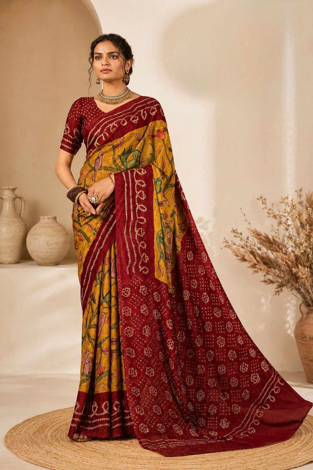 Mustard Maroon Folk Art Saree