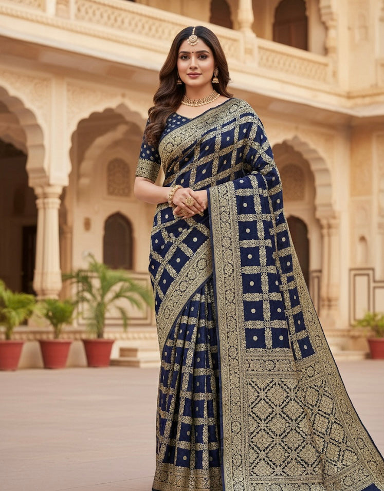 Navy Blue Woven Silk Saree with All-Over Gold Zari Checks