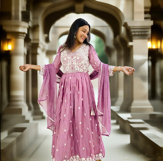 Mauve Embroidered Anarkali Gown with Dupatta