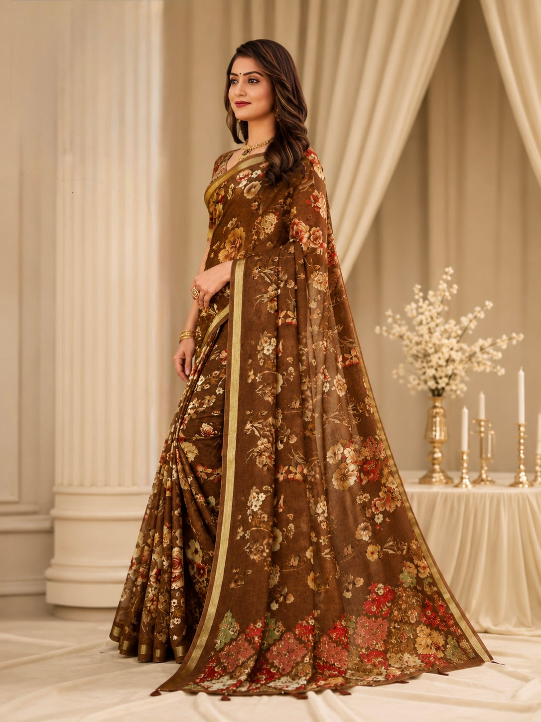Vintage Mocha/ Olive Floral Saree
