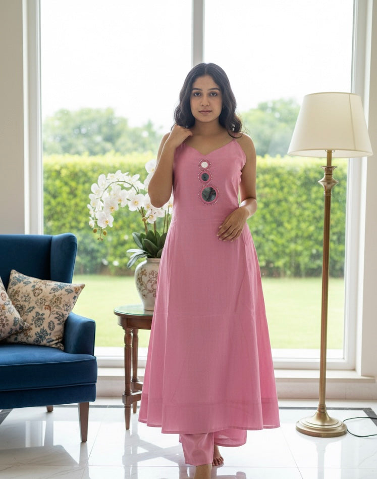 Blush Pink Strappy A-Line Kurta Set with Mirror Detailing