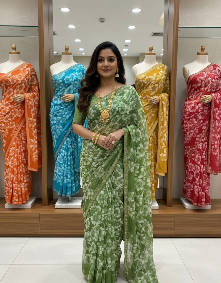 Garden Palette — Printed Floral Saree (Multi Colourways)