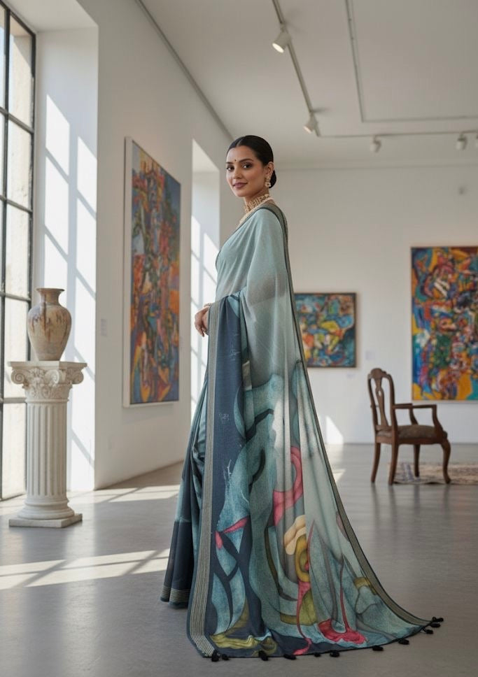 Ice Blue Abstract Art Print Satin Saree
