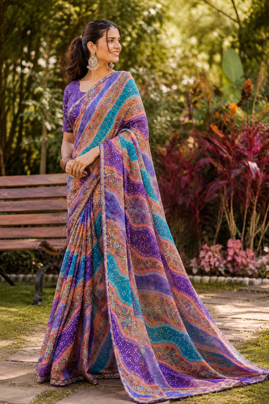 Heritage Mosaic Leheriya Printed Organza Saree