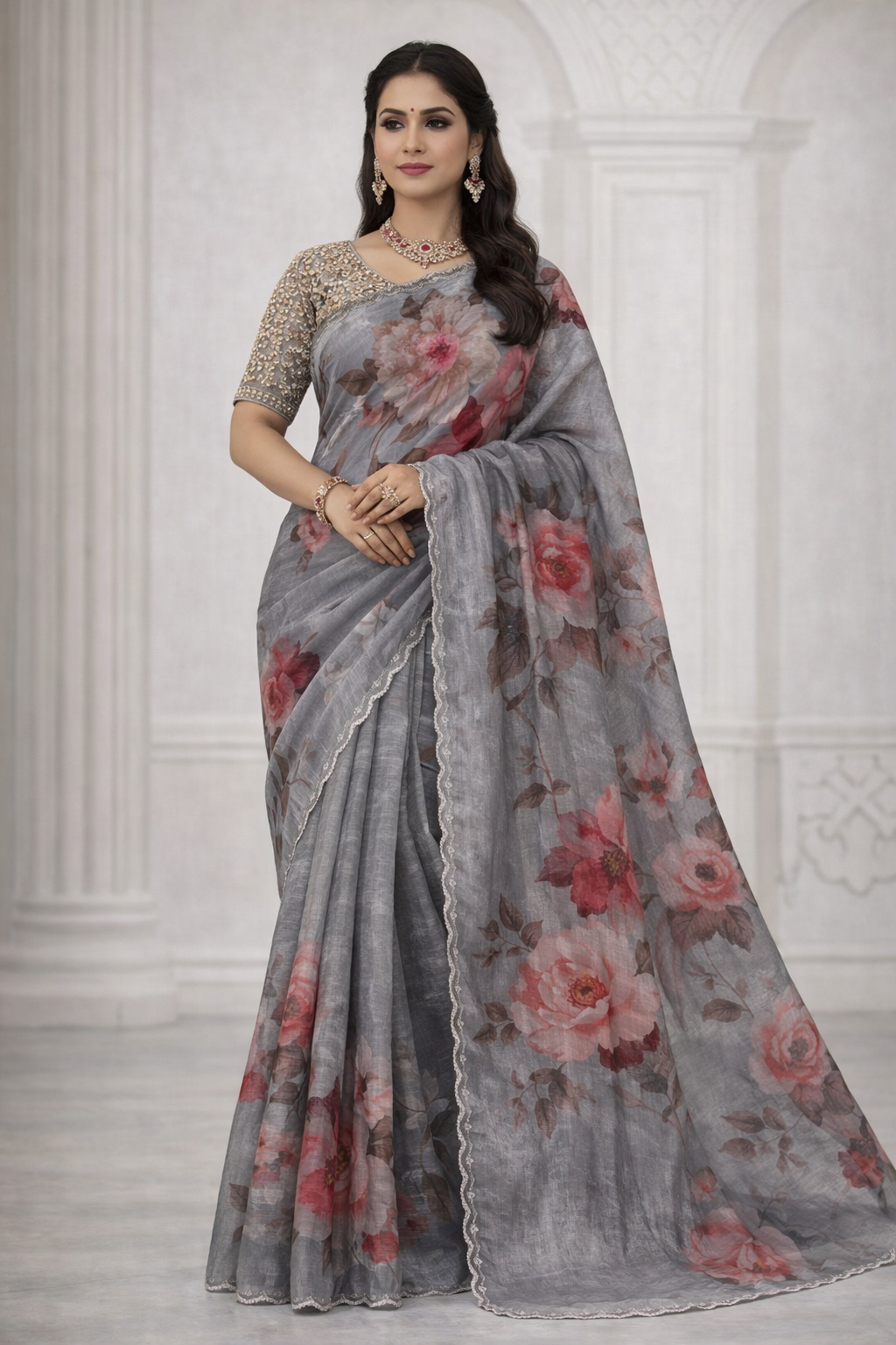 Soft Floral Organza Saree with Scalloped Border