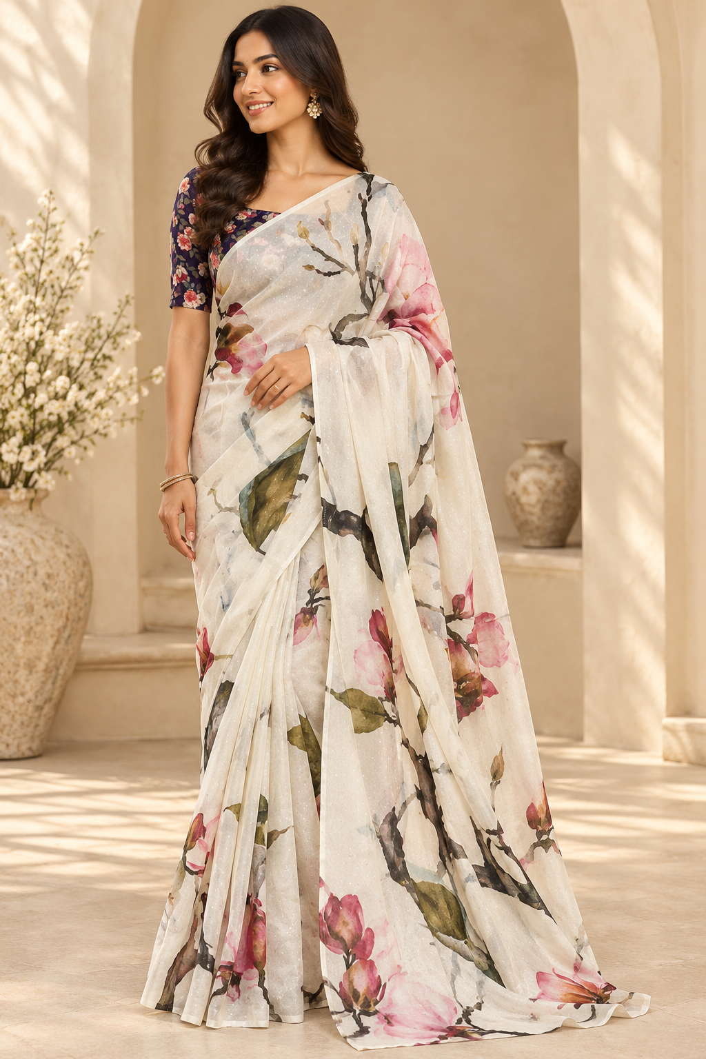 Ivory Blossom Printed Saree