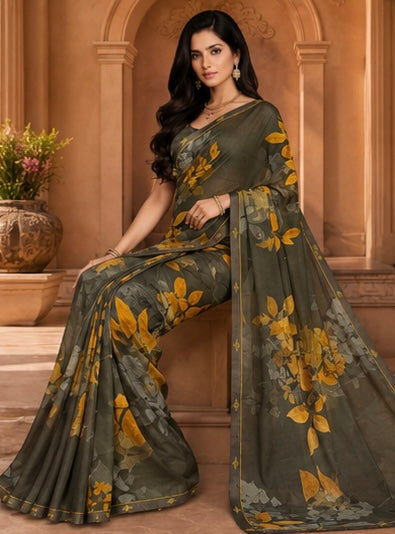 Olive Ember Botanical Saree