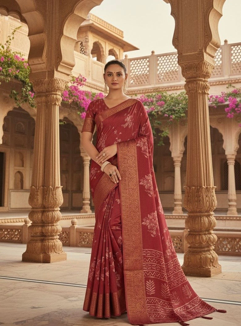Heritage Floral Printed Silk Saree with Traditional Woven Border