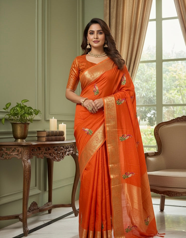 Silk Saree with Gold Zari Border & Peacock Motifs