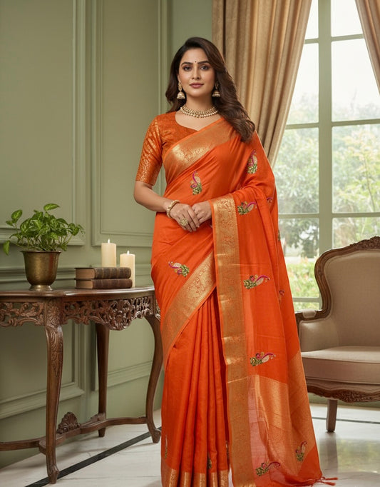 Silk Saree with Gold Zari Border & Peacock Motifs