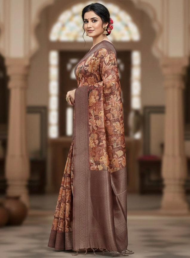Rustic Autumn Floral Silk Blend Saree