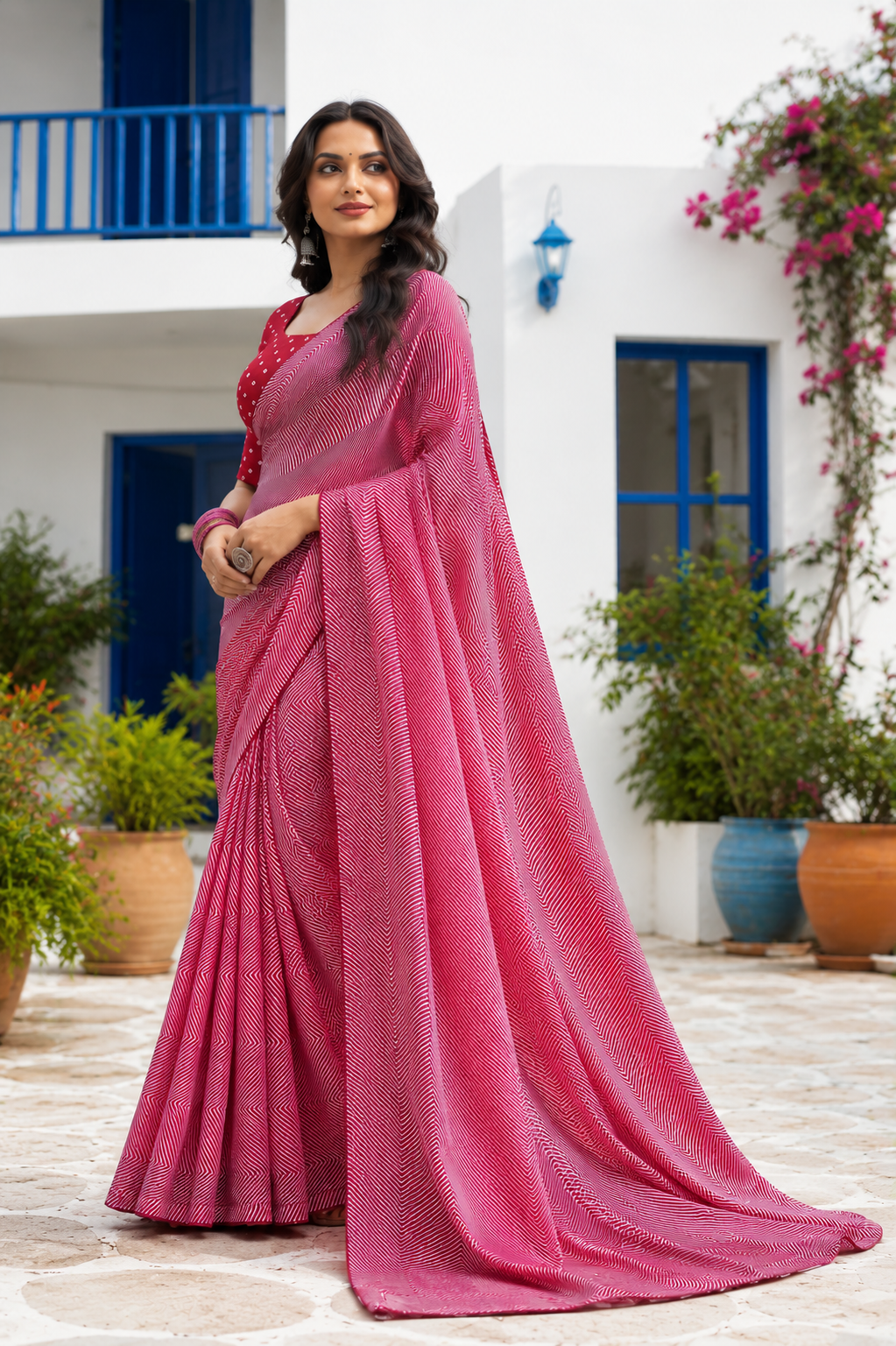 Rose Pink Chevron Leheriya Printed Saree