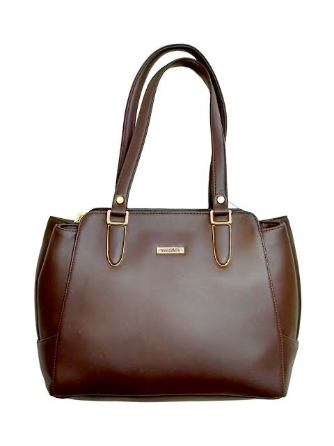 Elegant Brown Genuine Leather Tote Bag with Gold-Tone Accents