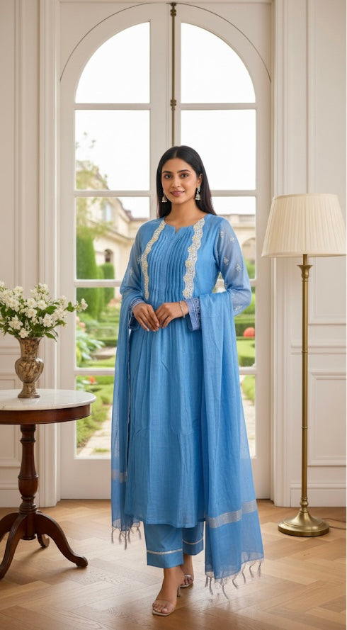 Sky Blue Cotton Chikankari Kurta Set with Hand Embroidery & Zari Dupatta