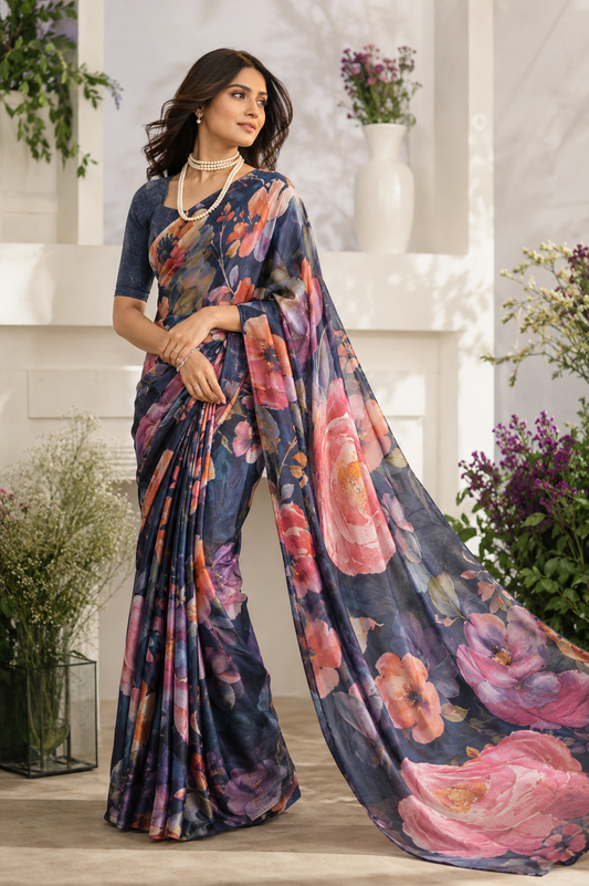 Midnight Bloom Floral Organza Saree