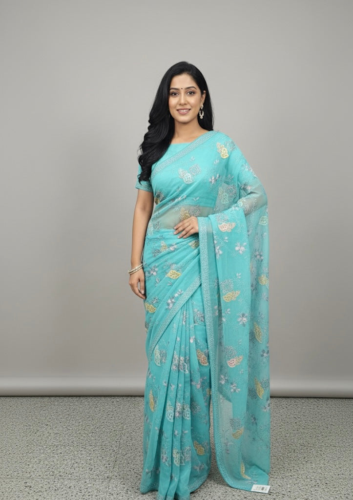 Organza Saree with Pastel Paisley & Floral Embroidery