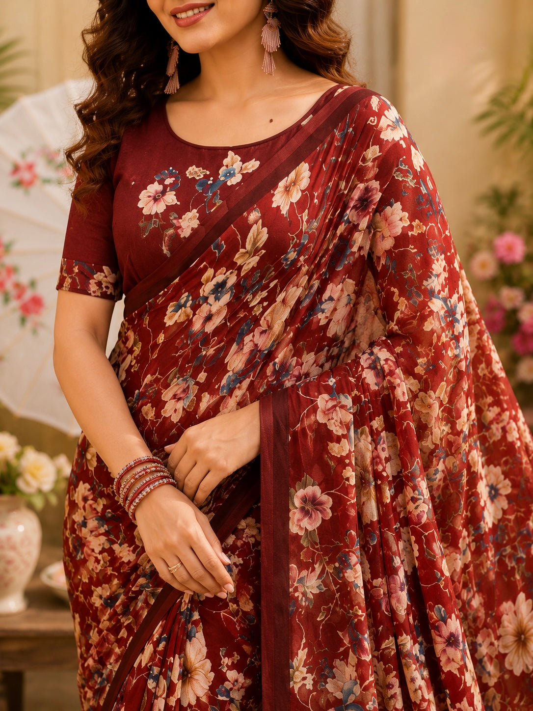 Burgundy Floral Charm Saree