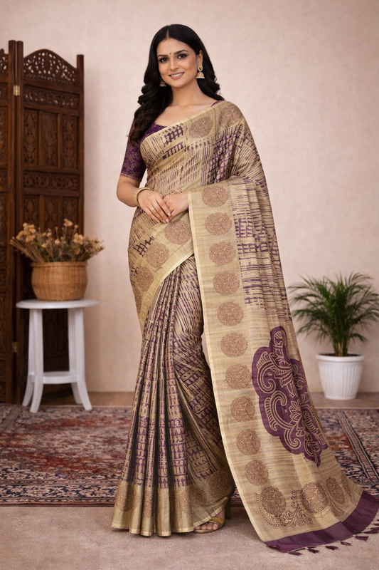Beige & Plum Heritage Motif Linen Saree
