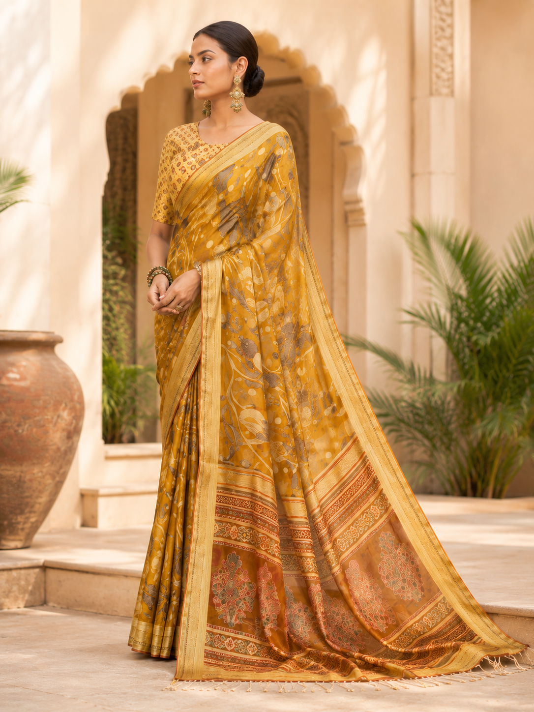 Mustard Heritage Printed Saree