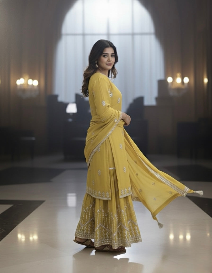 Sunshine Yellow Georgette Sharara Set with Gota Patti & Zari Embroidery