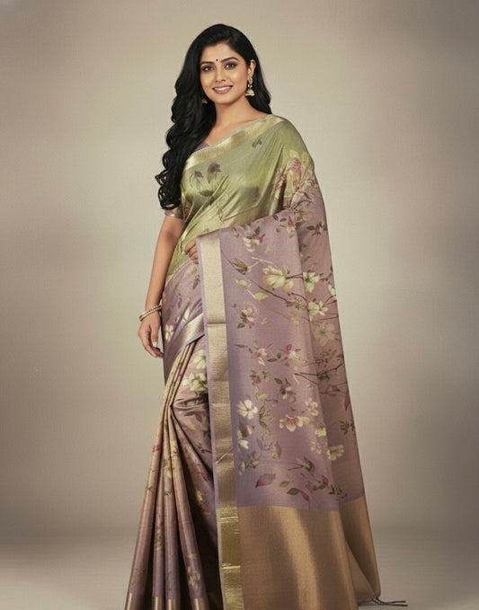 Dual-Tone Floral Banarasi Silk Saree with Gold Zari Border