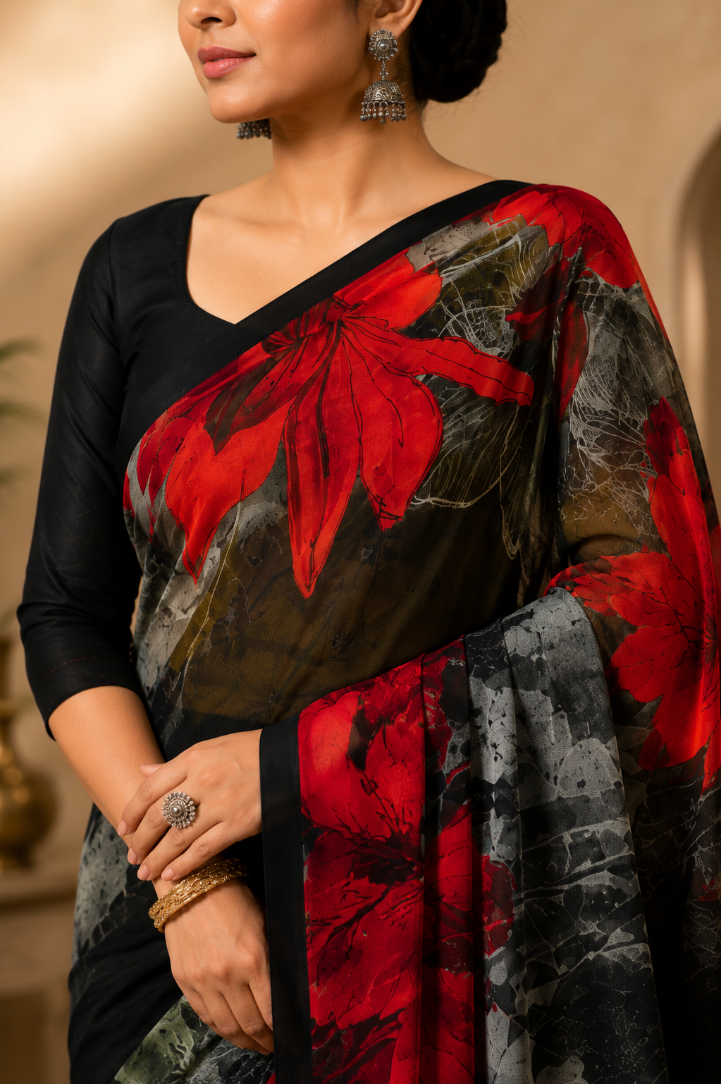 Midnight Scarlet Floral Saree