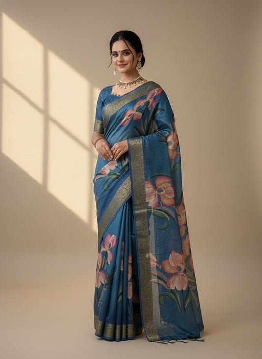 Steel Blue Floral Printed Saree with Subtle Gold Border
