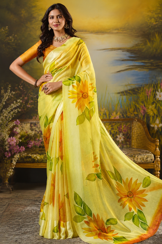 Sunflower Bloom Printed Linen Saree