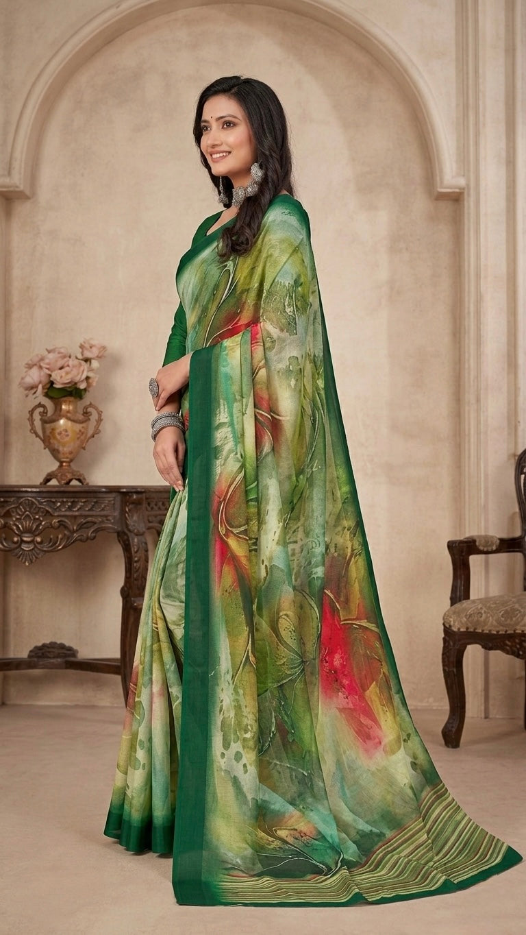 Emerald Mirage Abstract Printed Satin Saree