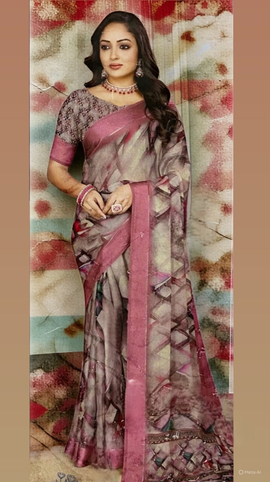 Rose Quartz Abstract Printed Saree – A Fusion of Grace and Geometry
