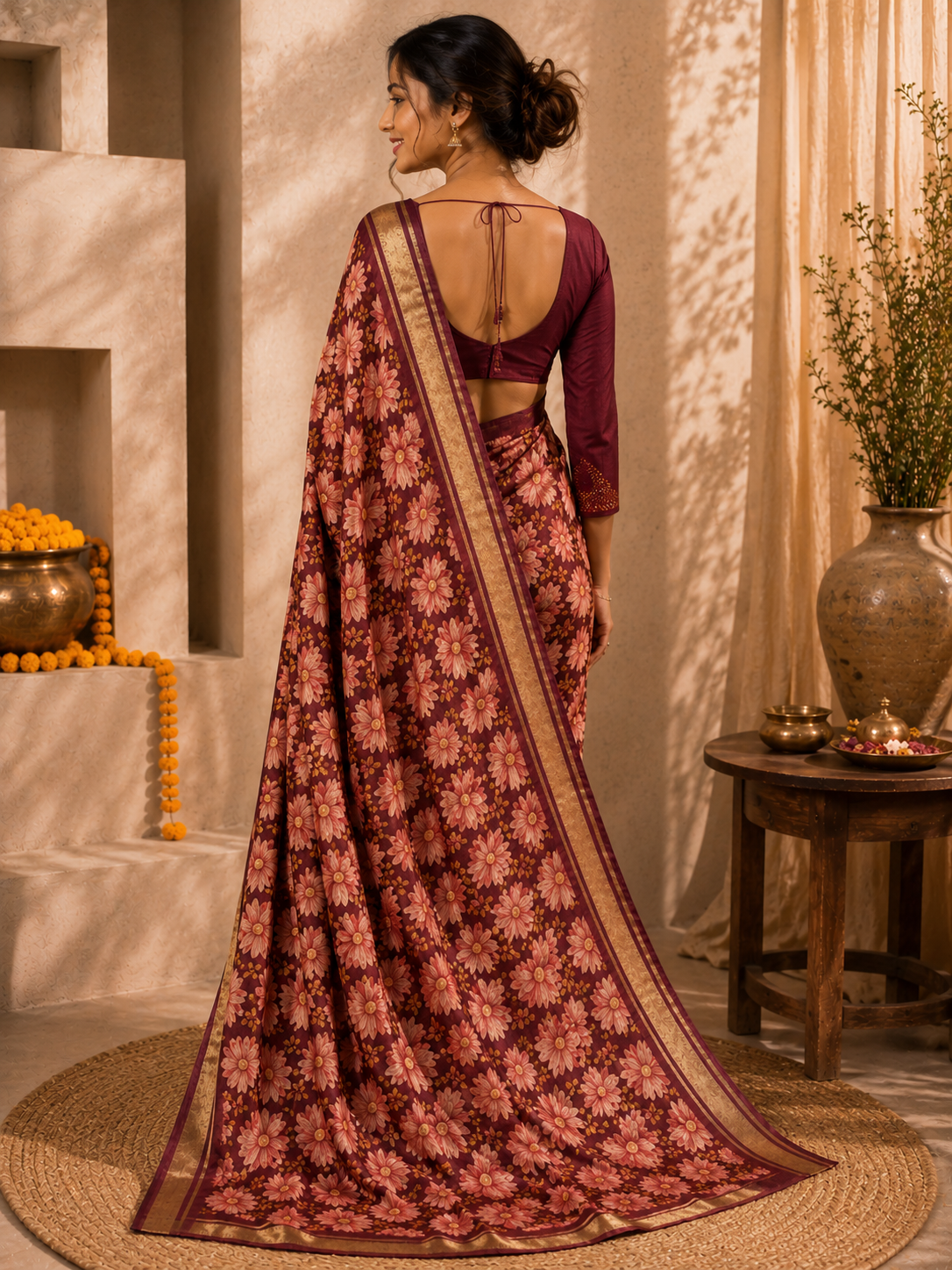 Floral Printed Zari Border Saree