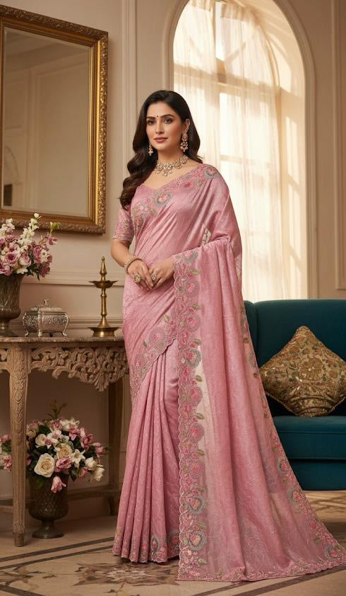 Organza Floral Saree – White & Pink