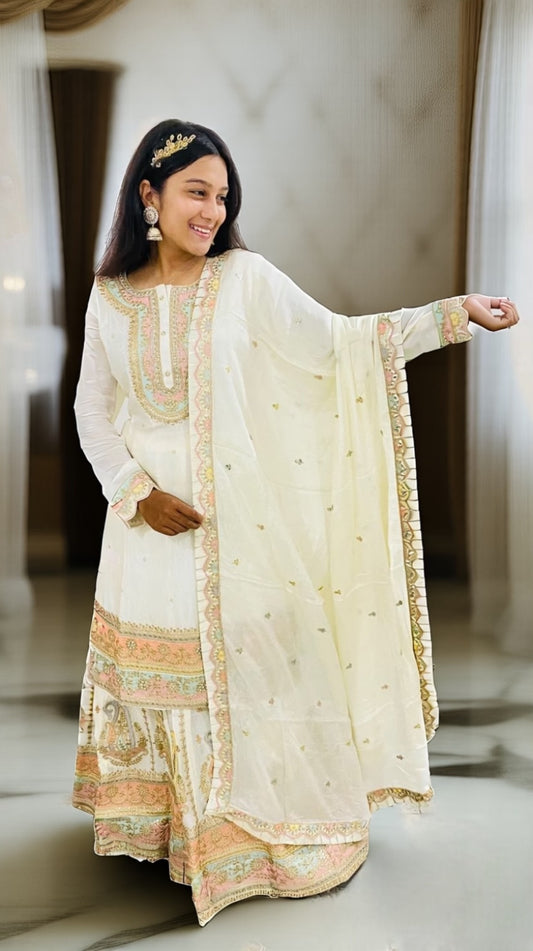 Ivory Embroidered Anarkali Kurta with Skirt & Dupatta
