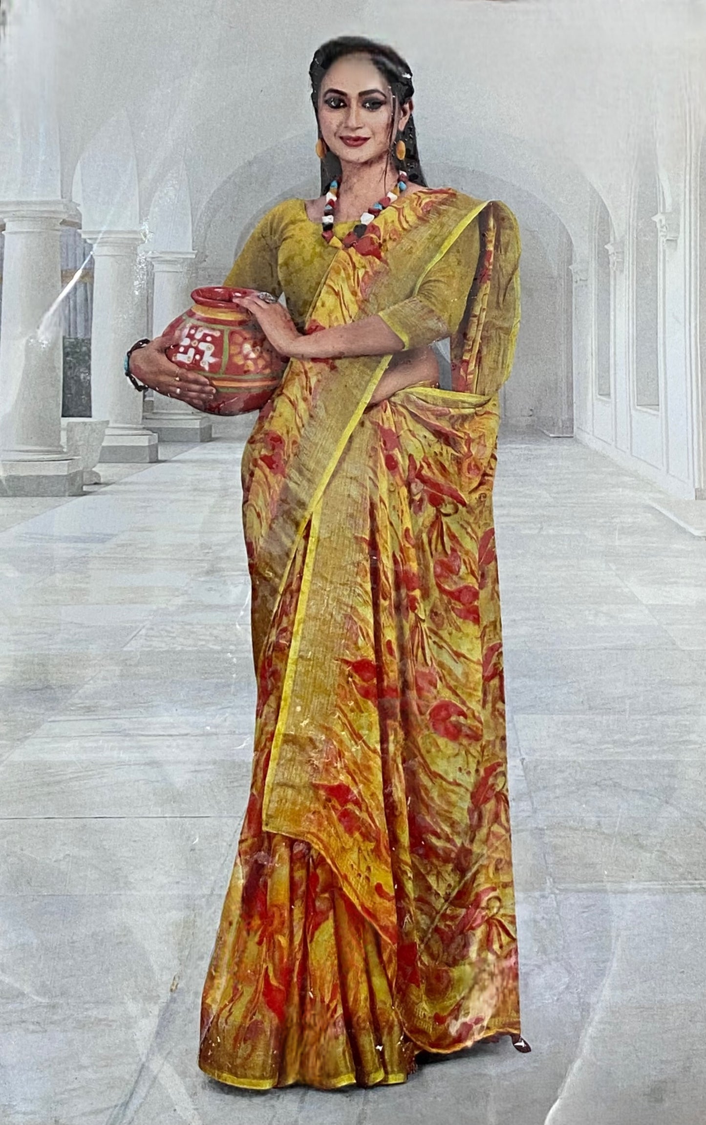 Sunlit Marigold Saree with Fiery Red Accents
