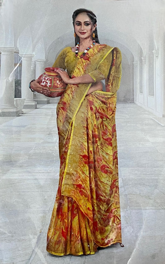 Sunlit Marigold Saree with Fiery Red Accents